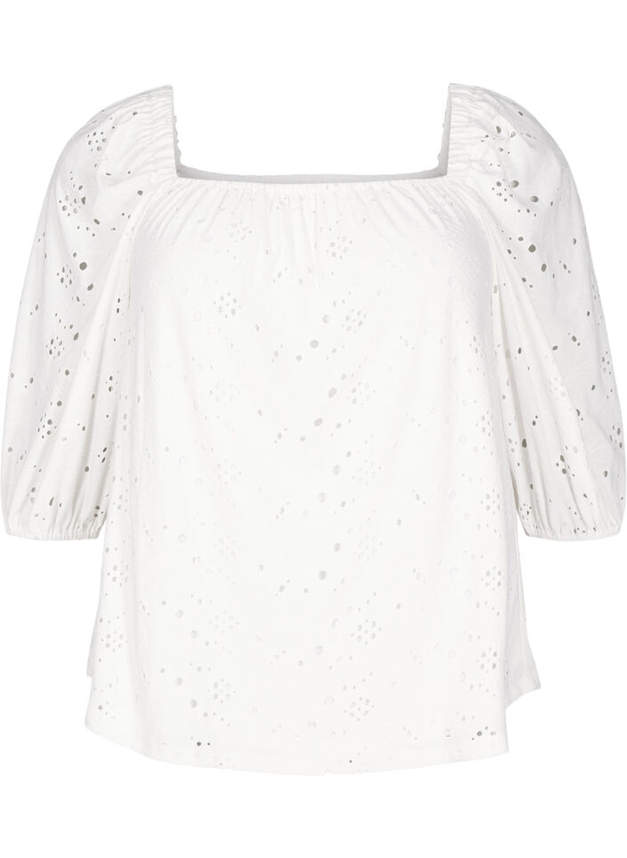Bluse mit kurzen Puffärmeln und Lochmuster, Weiß, Packshot image number 0