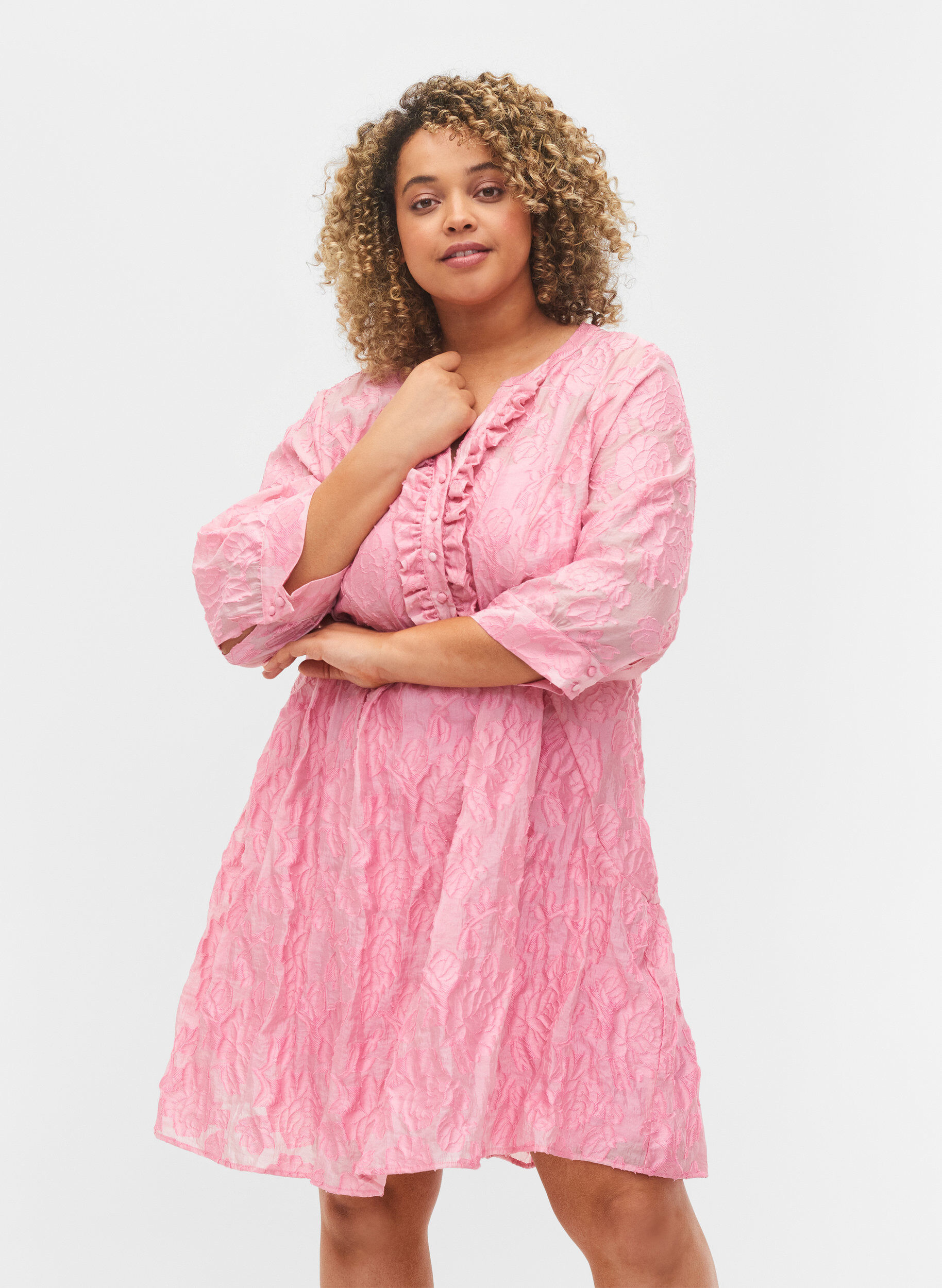 Zizzi A-Linie Jacquard-Kleid mit R&uuml;schen, Cashmere Rose, Model image number 0