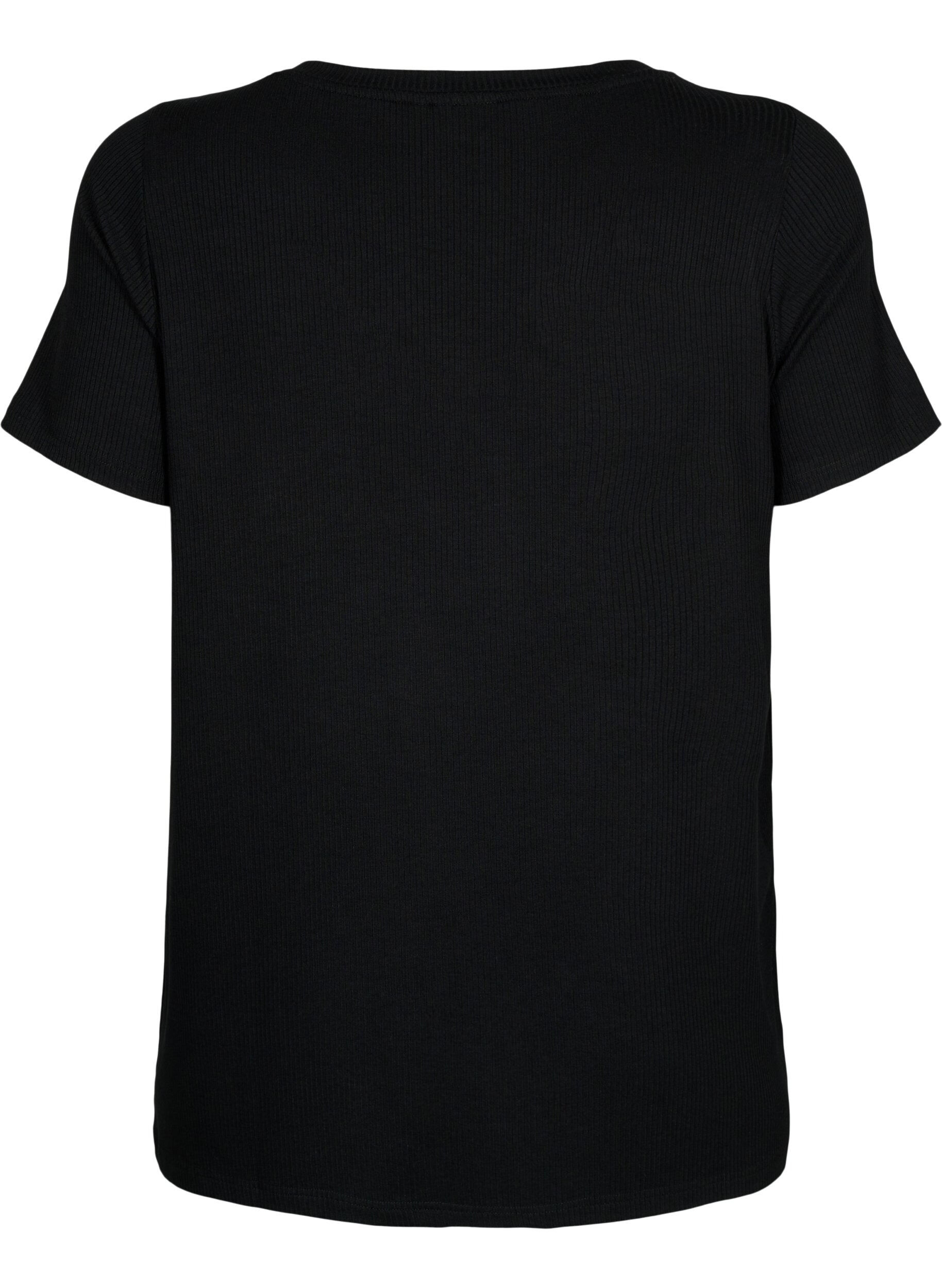 Zizzi Viskose T-Shirt mit Ripp und V-Ausschnitt, Black, Packshot image number 1