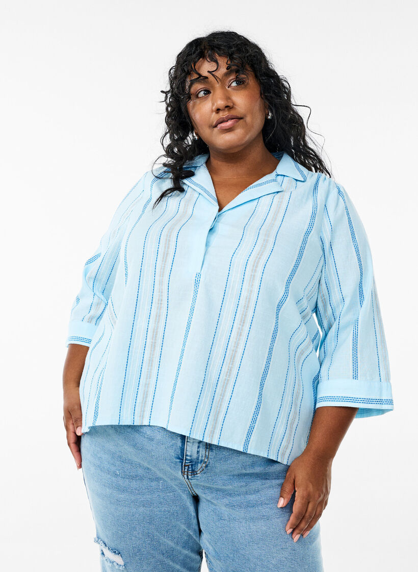 Bluse mit Kragen und 3/4-Ärmeln, Blau, Model image number 0