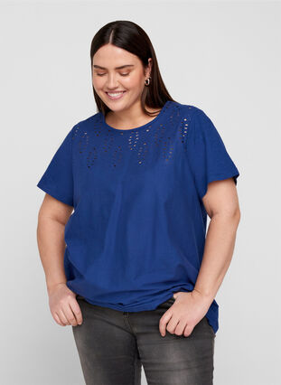 Kurzarm T-Shirt mit Lochstickerei, Twilight Blue, Model image number 0