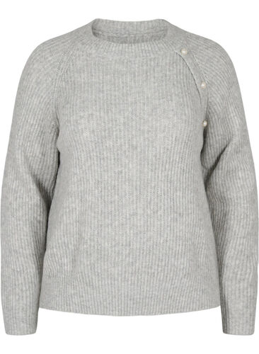 Melange-Pullover mit perlenbesetzten Knöpfen, Light Grey Melange, Packshot image number 0