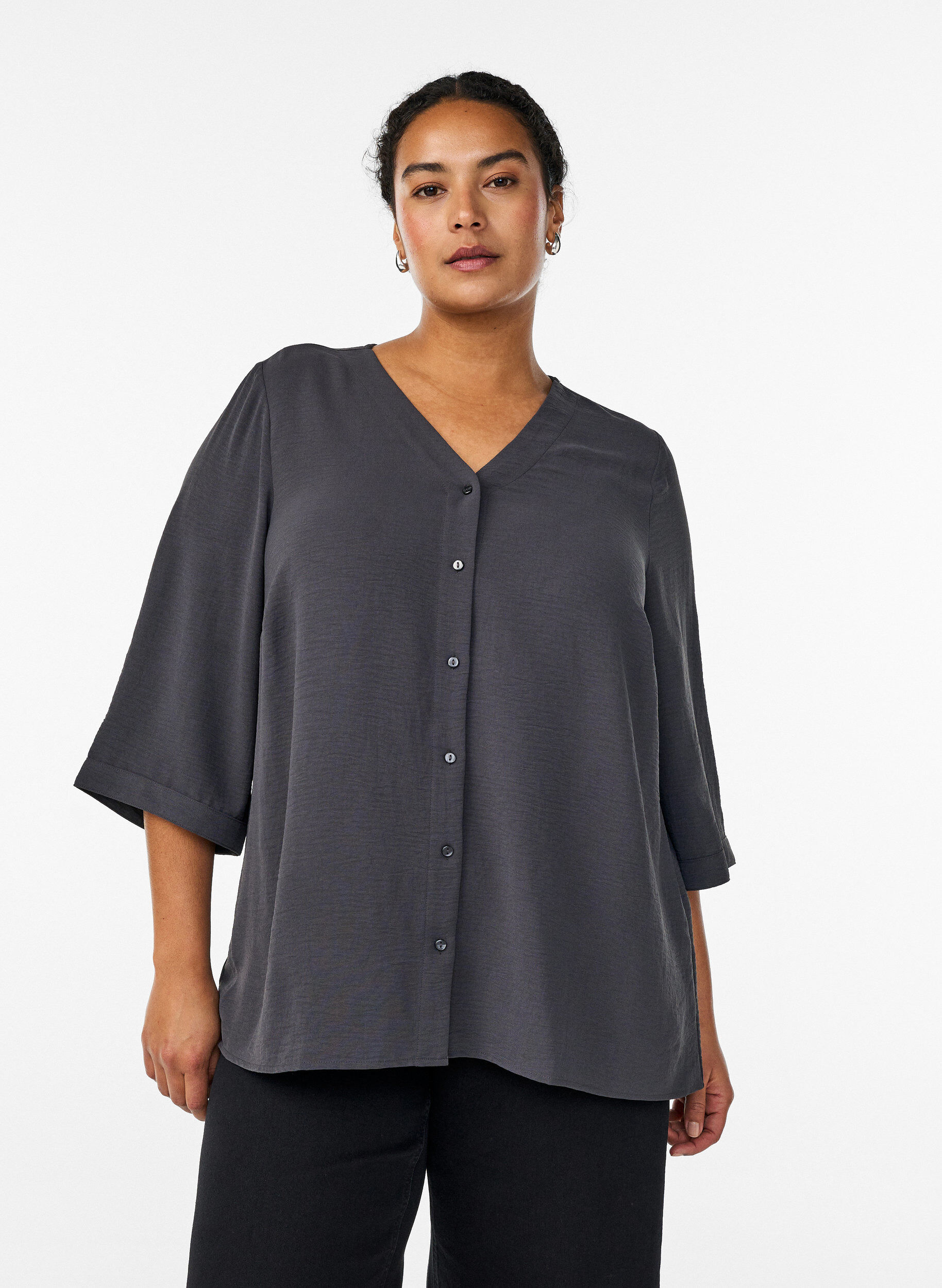 Zizzi Shirt blouse with V-neck and 3/4 sleeves, Dark Grey, Model image number 0