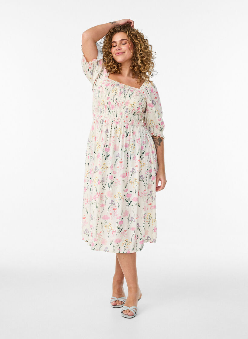Gebl&uuml;mtes Sommerkleid aus Viskose, Vanille, Model image number 0