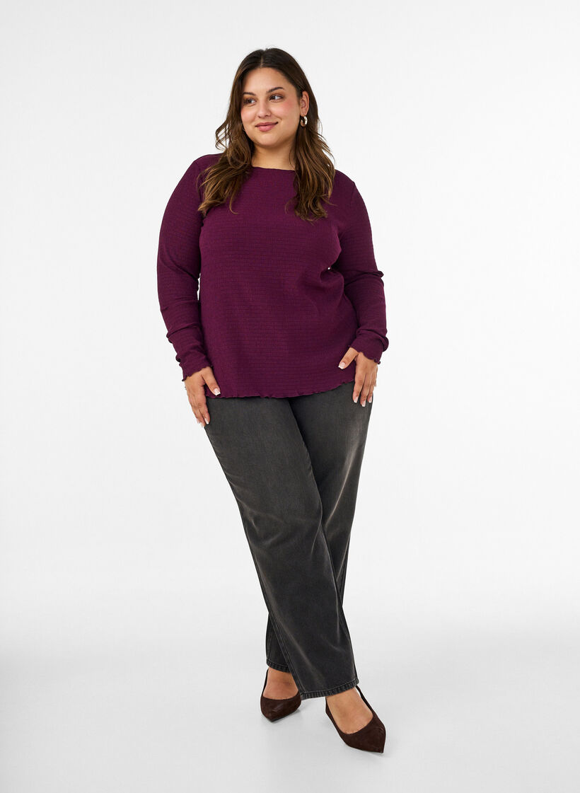 Strukturierte Bluse mit Wellenkanten, Lila, Model image number 1
