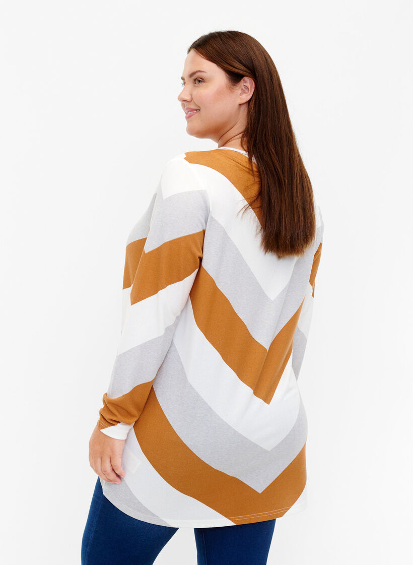 Gemusterte Bluse mit langen Ärmeln, Beige Zig Zag, Model image number 1
