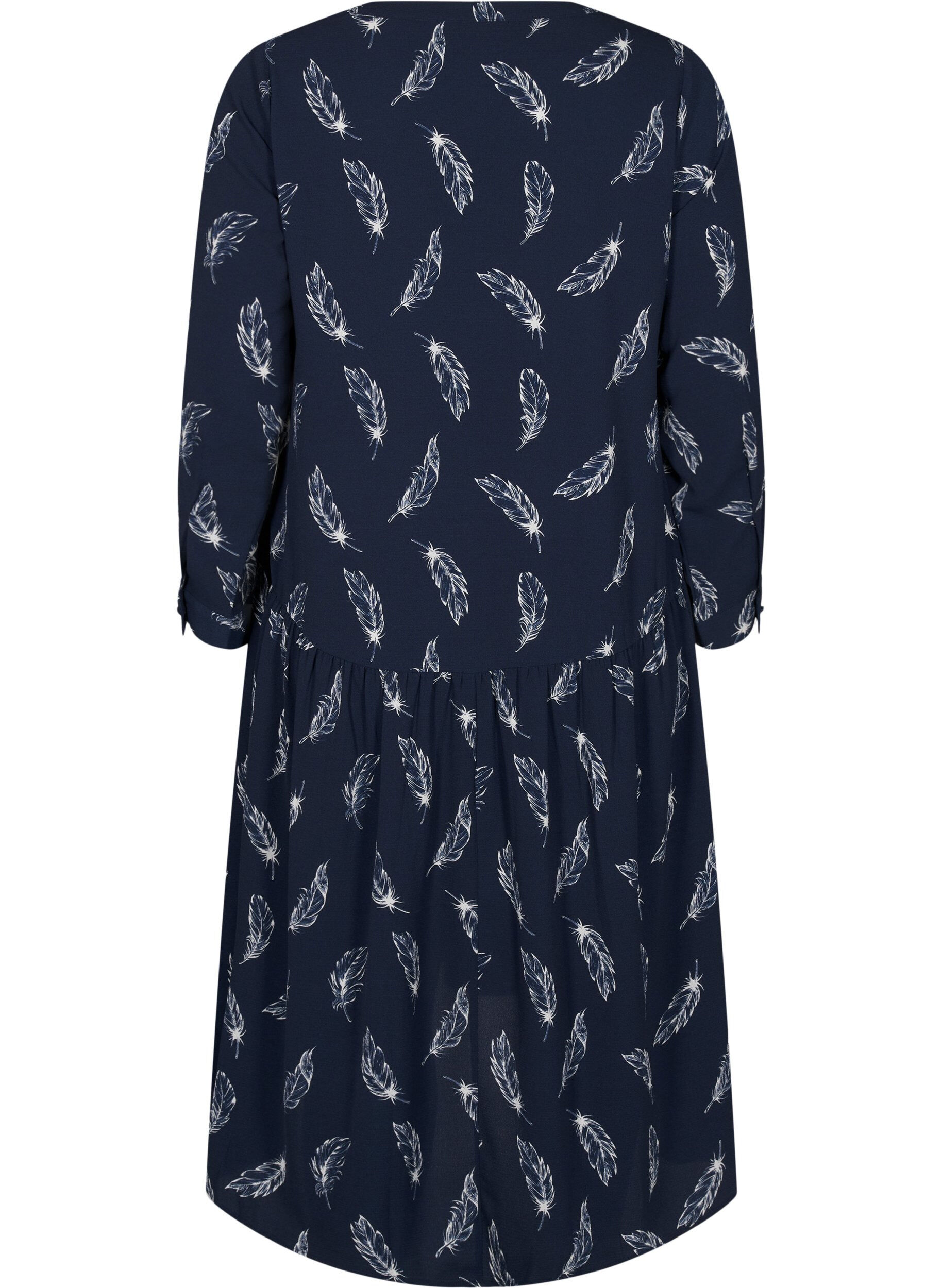 Zizzi Midi-Kleid mit langen &Auml;rmeln, Navy B. Feather AOP, Packshot image number 1