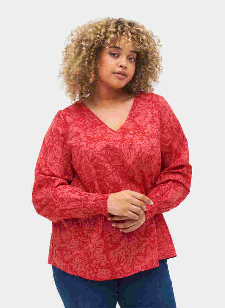 Bluse mit V-Ausschnitt und Smoking, Ribbon Red AOP, Model