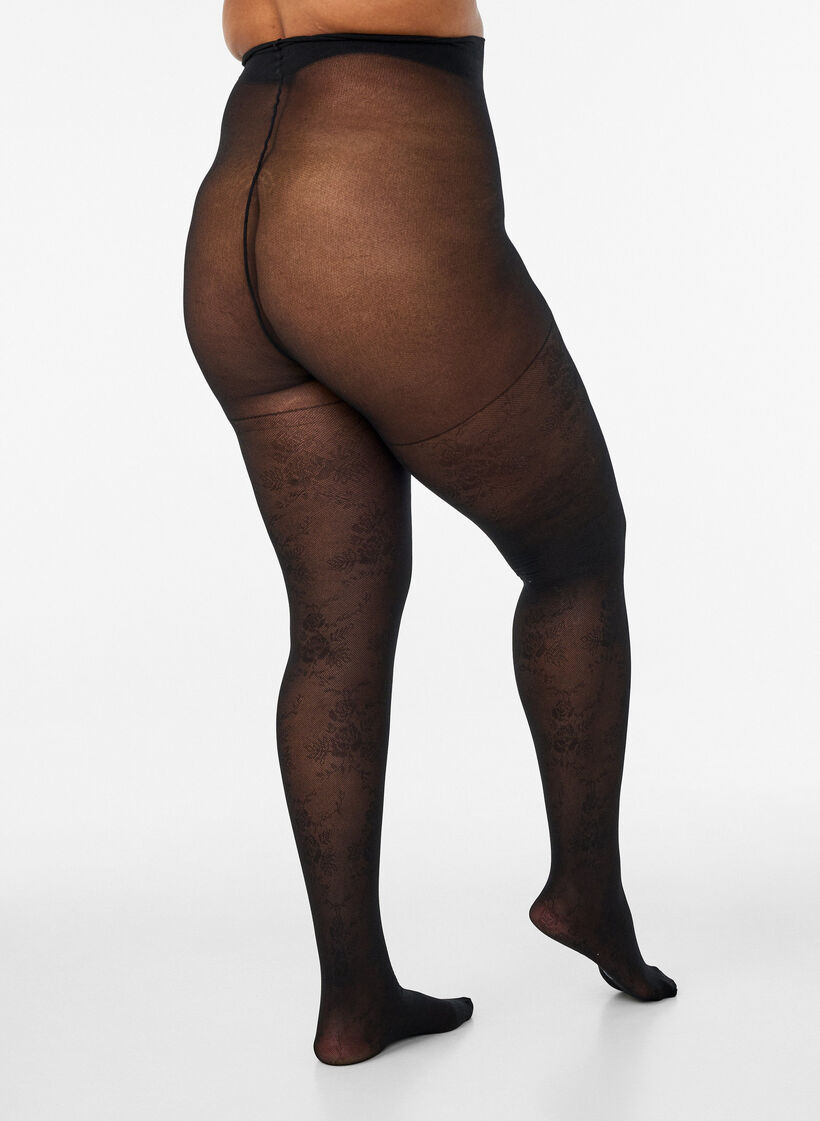 50-Den-Strumpfhose mit Blumenmuster, Schwarz, Model image number 2