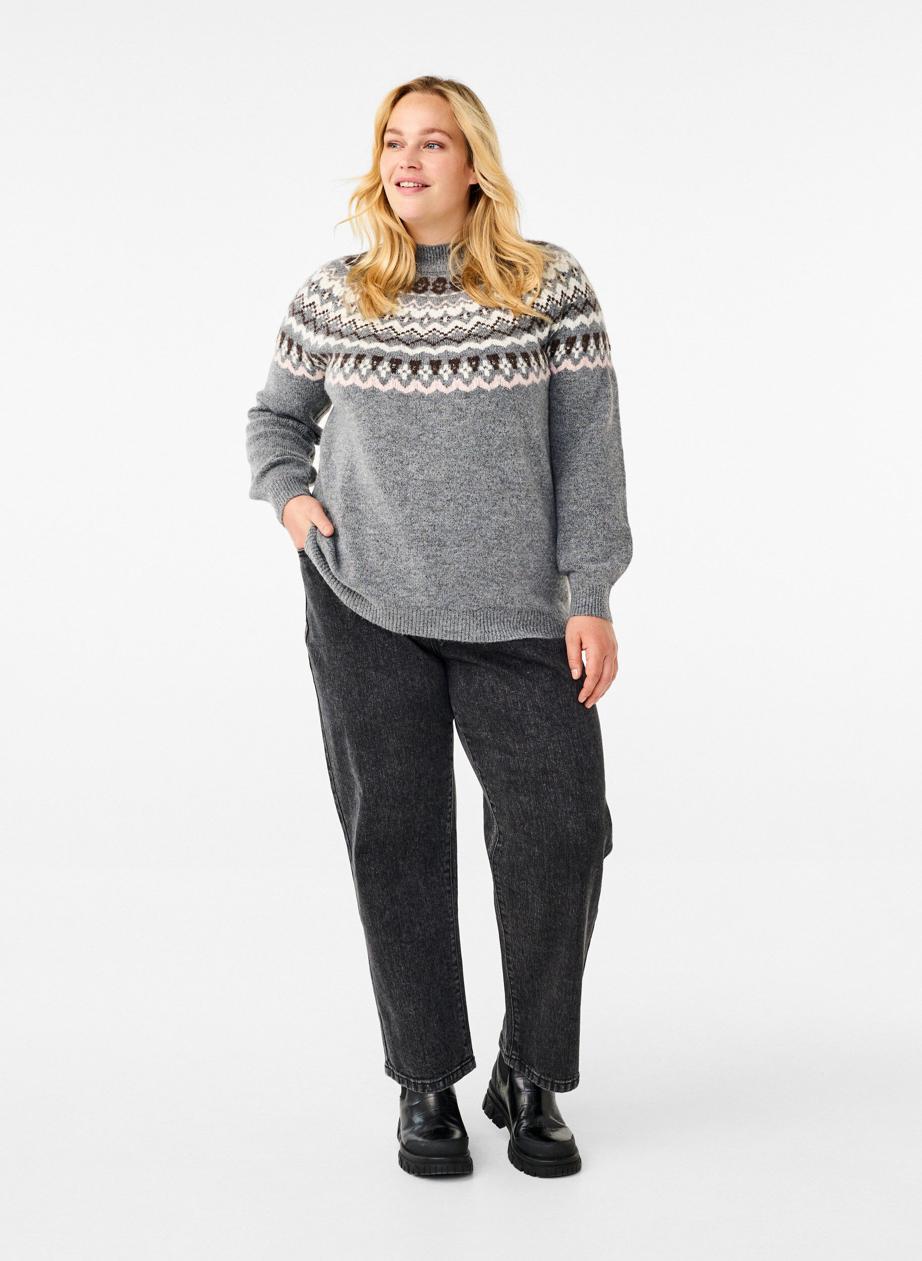 Zizzi Gestrickter Pullover mit Muster und langen &Auml;rmeln, Medium Grey Comb, Model image number 2