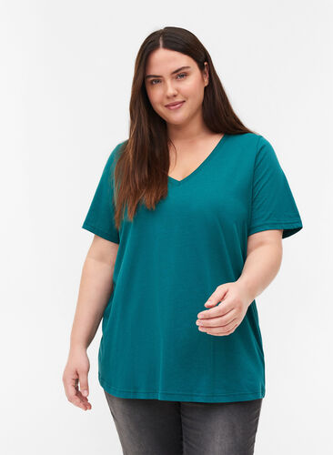 T-Shirt aus Bio-Baumwolle mit V-Ausschnitt, Pacific, Model image number 0