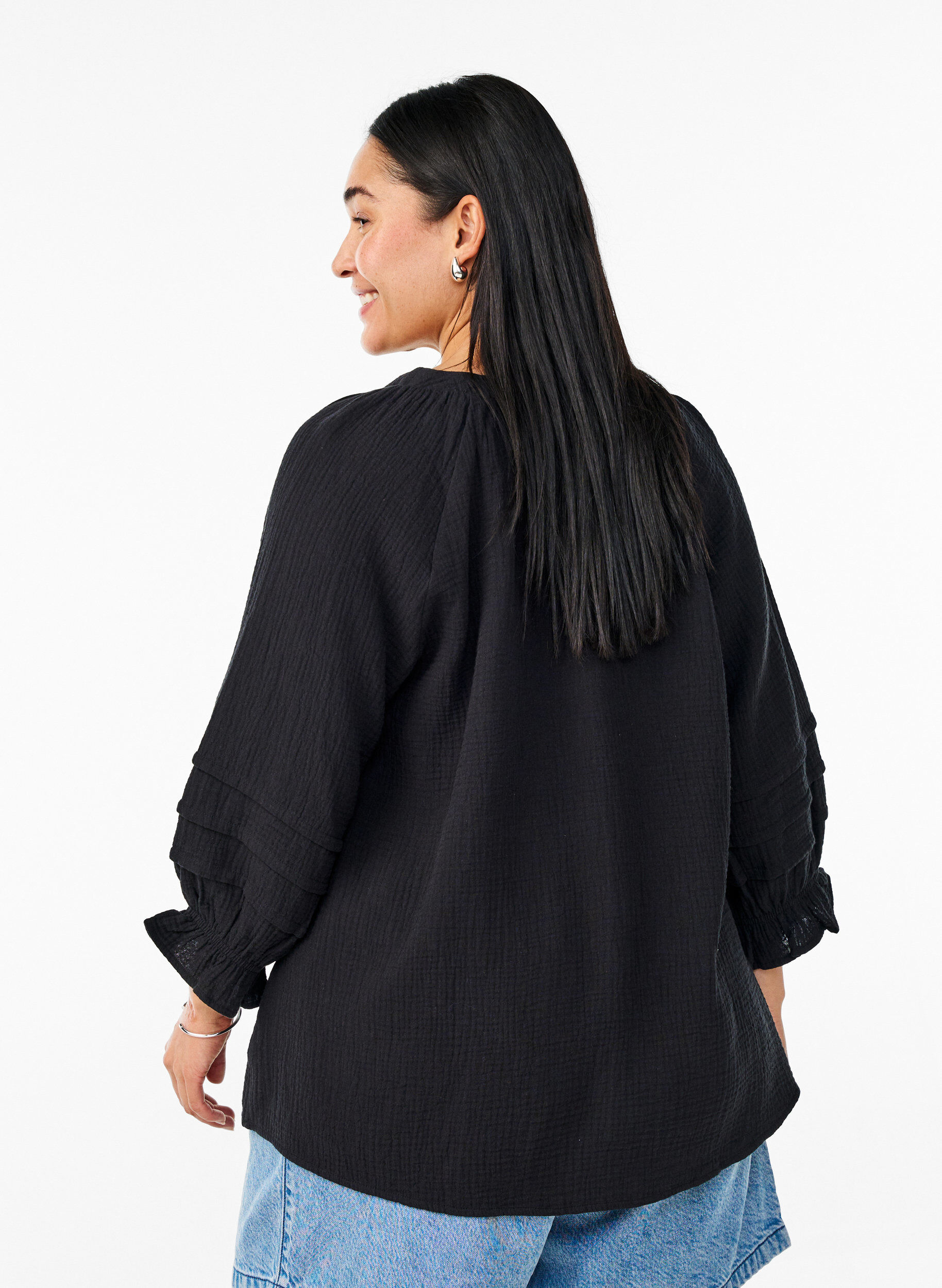 Zizzi Bluse aus Baumwoll-Musselin mit 3/4-&Auml;rmeln, Black, Model image number 1