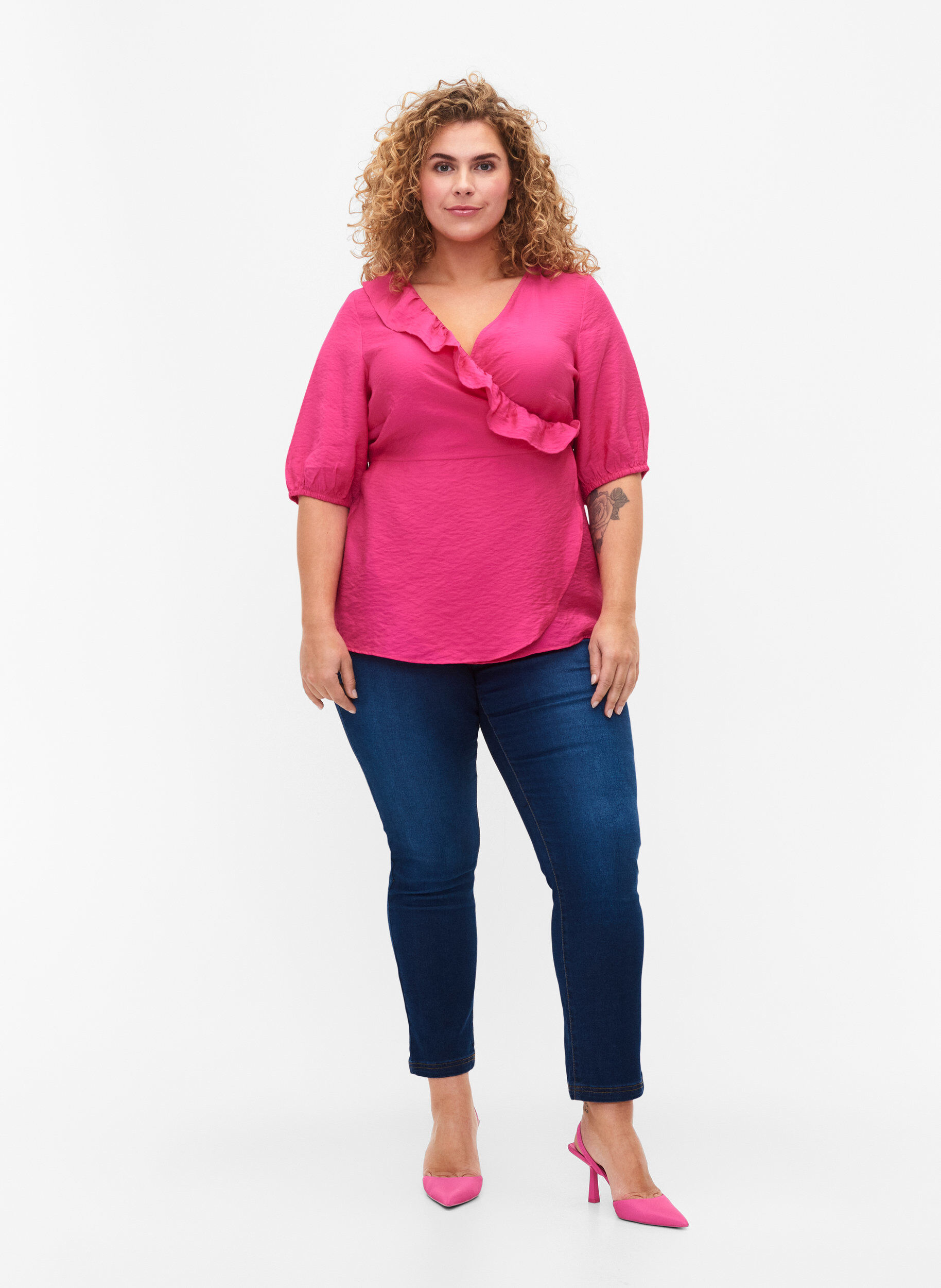 Zizzi Wickelbluse aus Viskose mit halblangen &Auml;rmeln, Beetroot Purple, Model image number 2