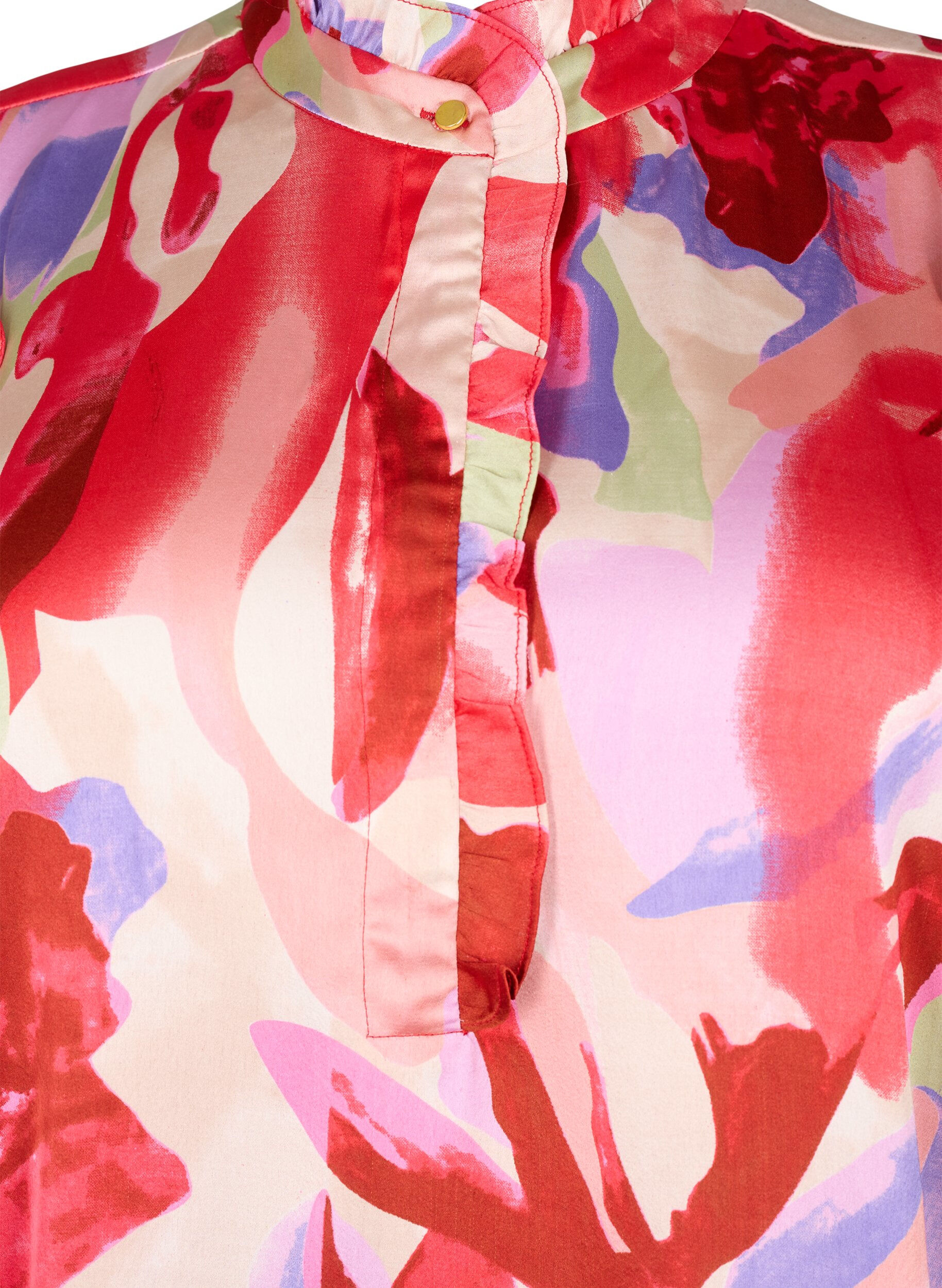 Zizzi  Hemdbluse aus Satin mit Aufdruck und R&uuml;schendetails, Geranium Graphic AOP, Packshot image number 2