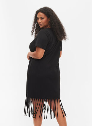 Kurzärmeliges Baumwollkleid mit Fransen, Black, Model image number 1