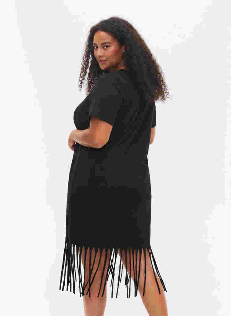 Kurzärmeliges Baumwollkleid mit Fransen, Black, Model image number 1