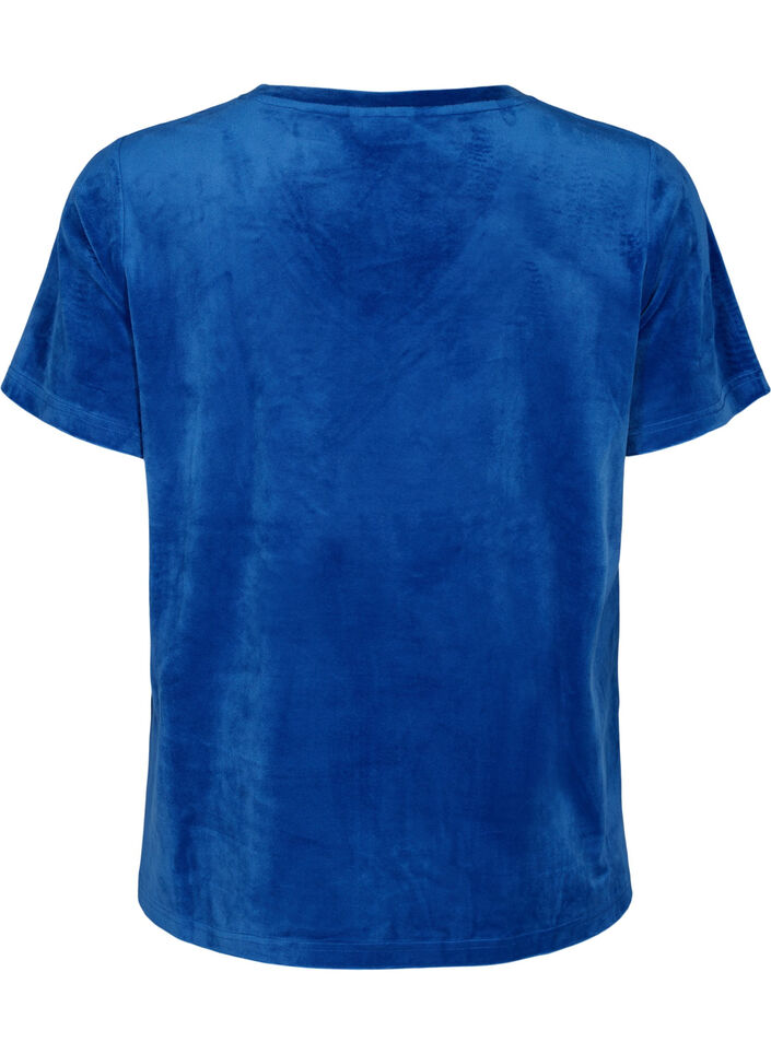 T-Shirt aus Velours mit V-Ausschnitt, Monaco Blue, Packshot image number 1