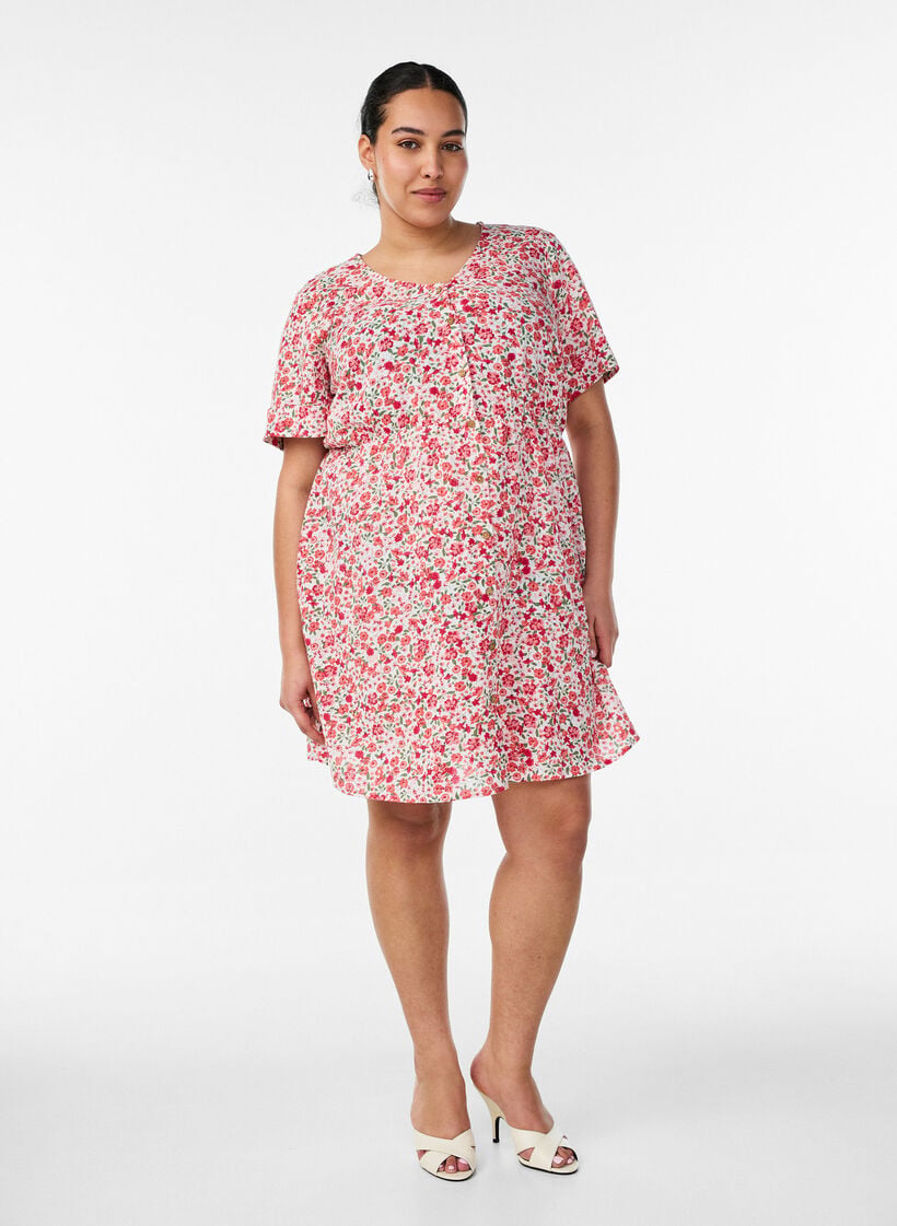 Kurzes Kleid aus Baumwolle mit Blumenprint, Rot, Model image number 1