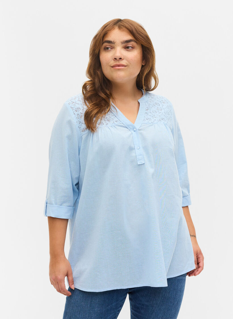 Baumwollbluse mit Spitzendetails, Chambray Blue, Model image number 0