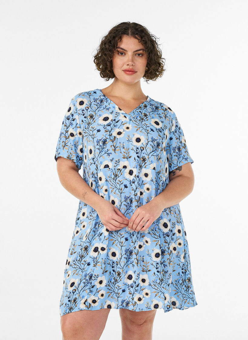 Kurzes Kleid mit Blumendruck, Blau, Model image number 0