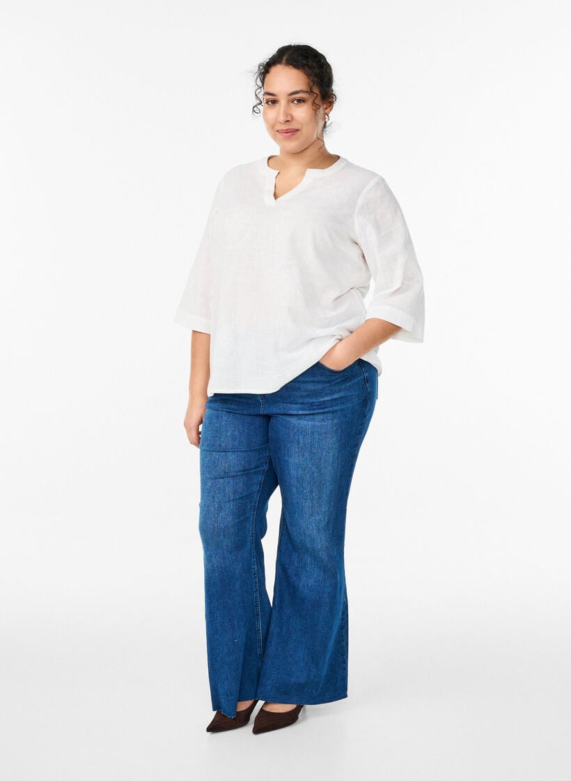 Bluse aus Baumwolle mit gestickten Details und 3/4-&Auml;rmeln, Wei&szlig;, Model image number 1