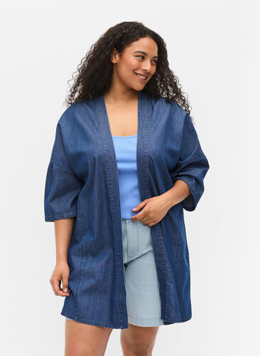 Denim Kimono mit 3/4-Ärmeln, Medium Blue Denim, Model image number 0
