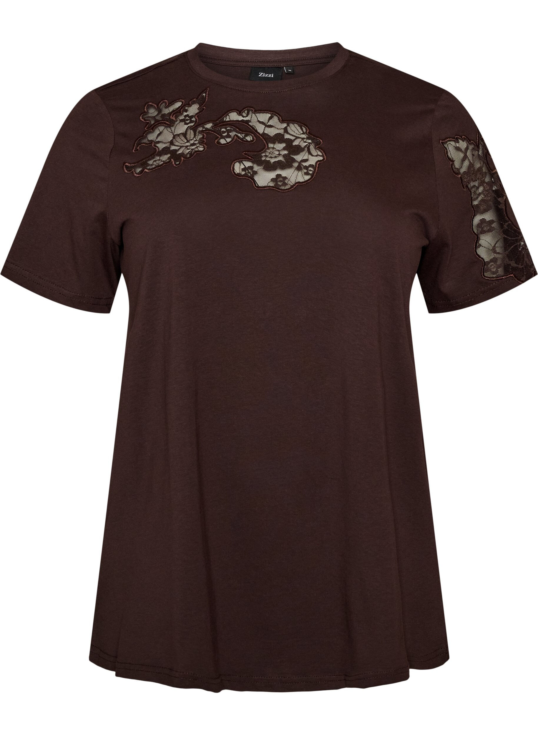ZizziT-Shirt aus Baumwolle mit Spitzenapplikationen, Braun, Packshot image number 0