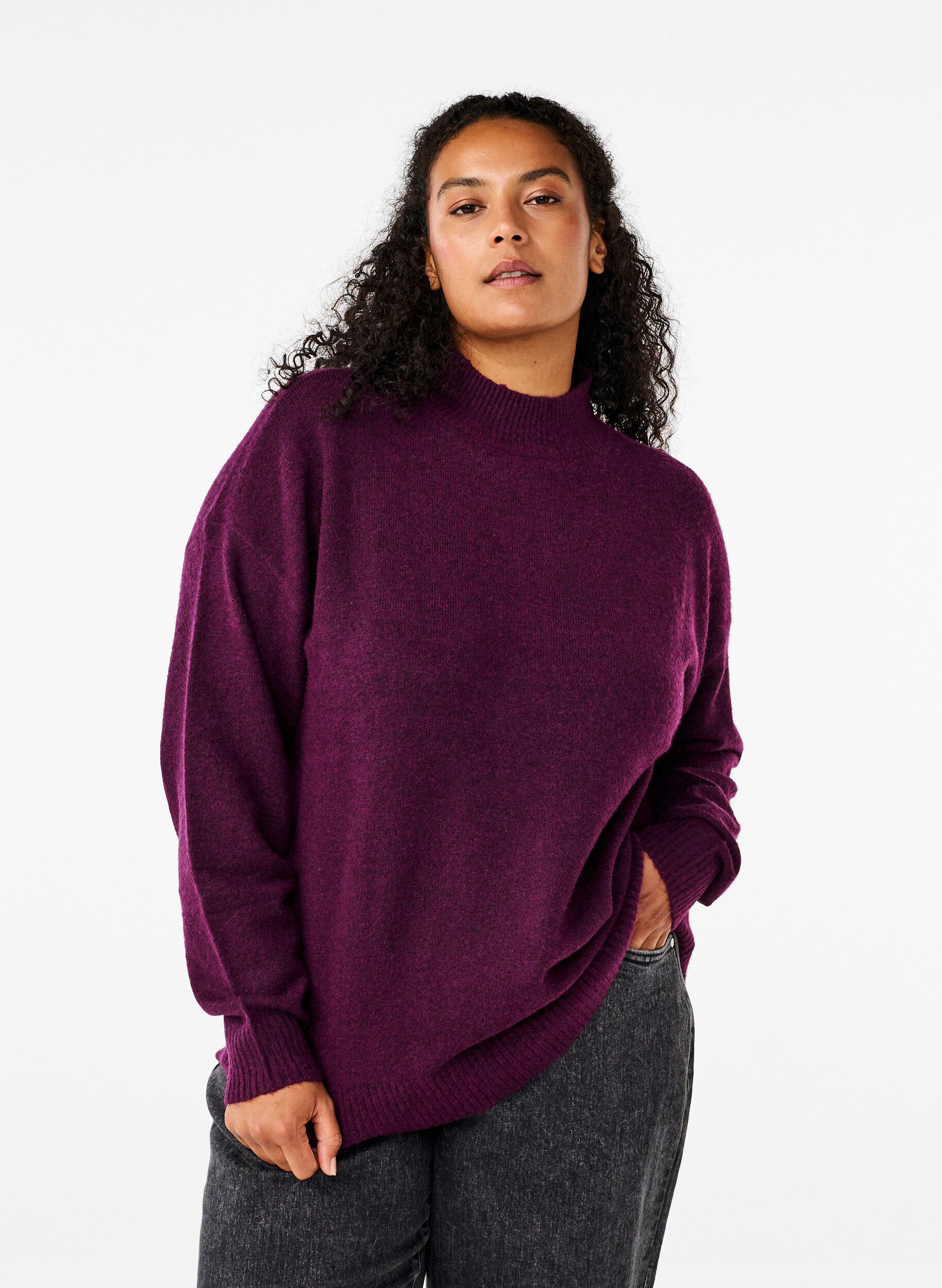 Zizzi Gestrickte Wollbluse mit hohem Kragen, Potent Purple Mel., Model image number 0