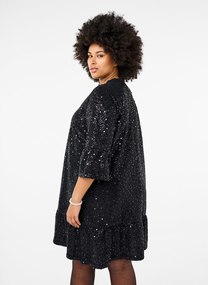 Paillettenkleid mit V-Ausschnitt und 3/4-Ärmeln, Black w. Bl. Sequins, Model image number 1