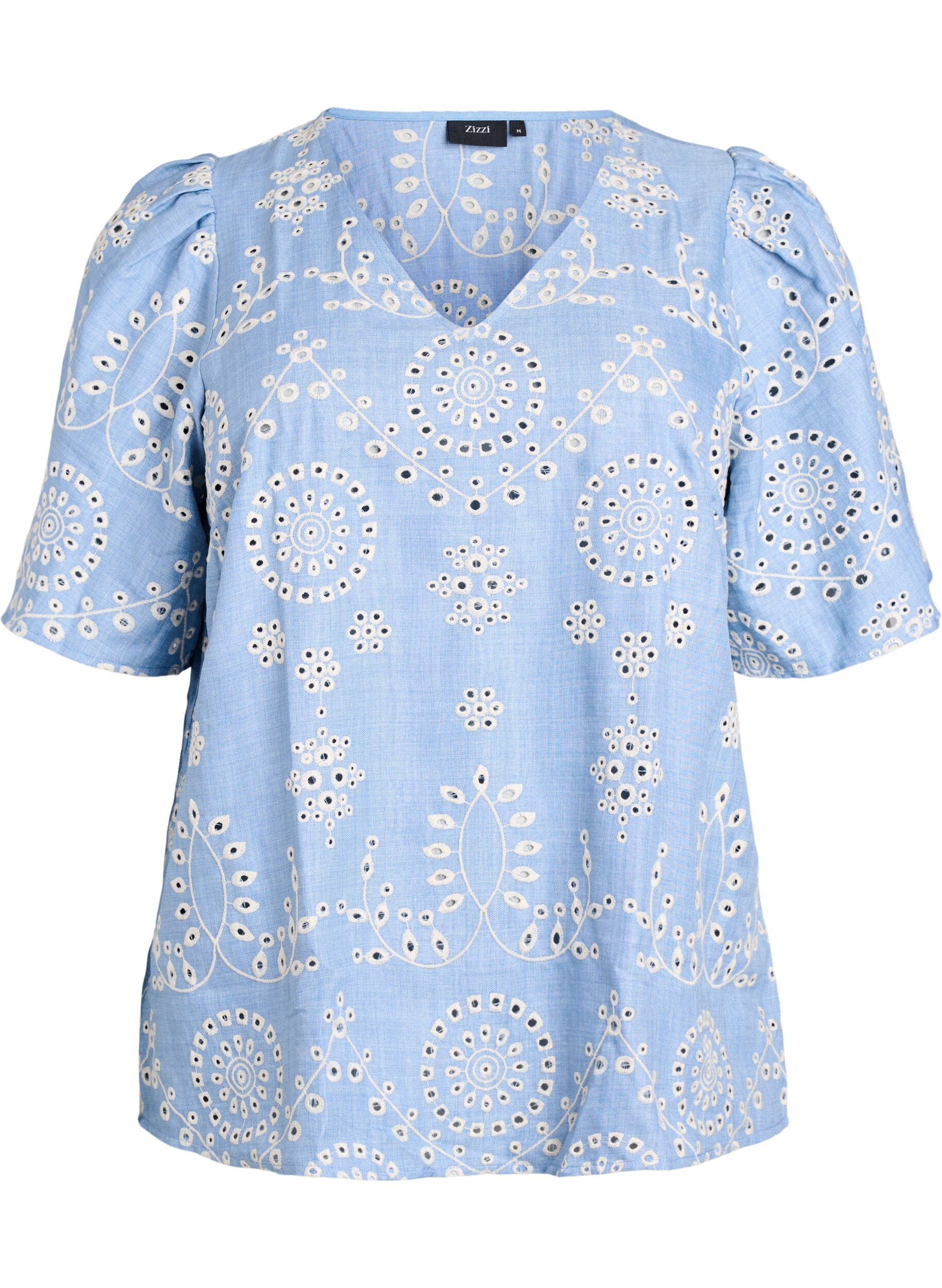 Bluse mit Broderie-Anglaise und kurzen Puff&auml;rmeln