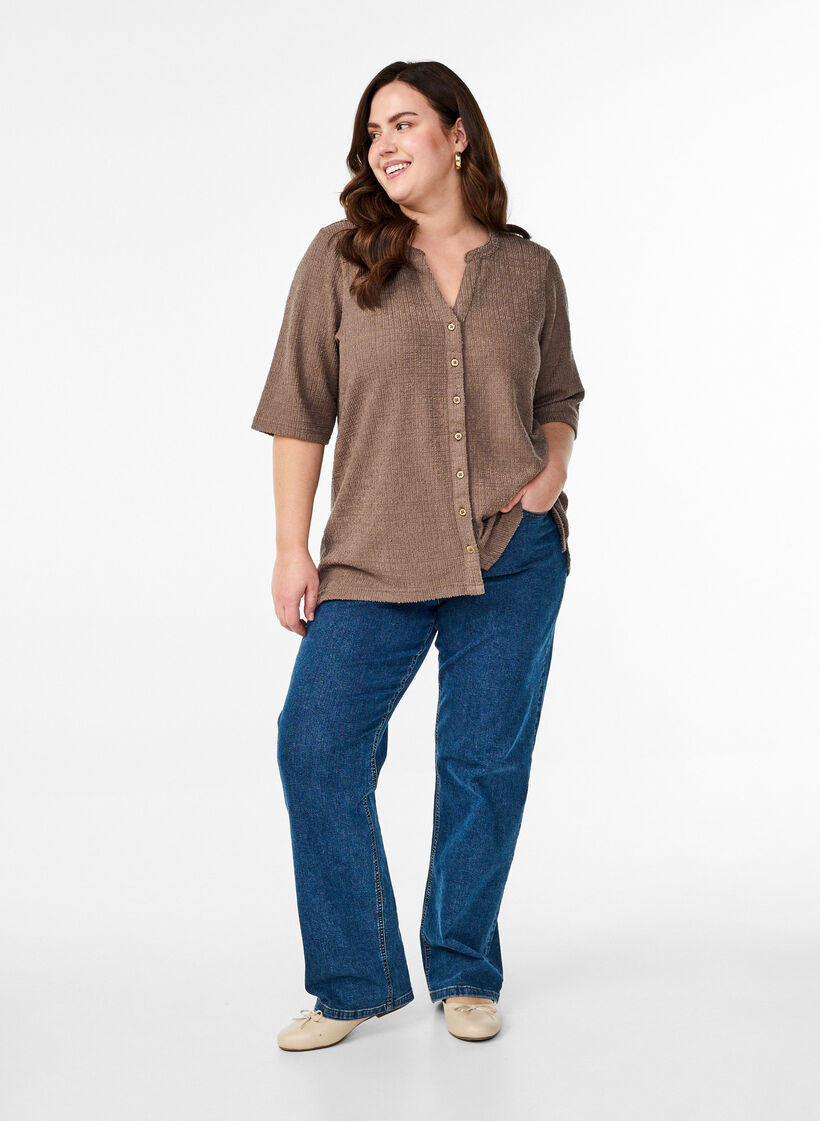 Bluse mit Struktur und V-Ausschnitt, Walnut, Model image number 2