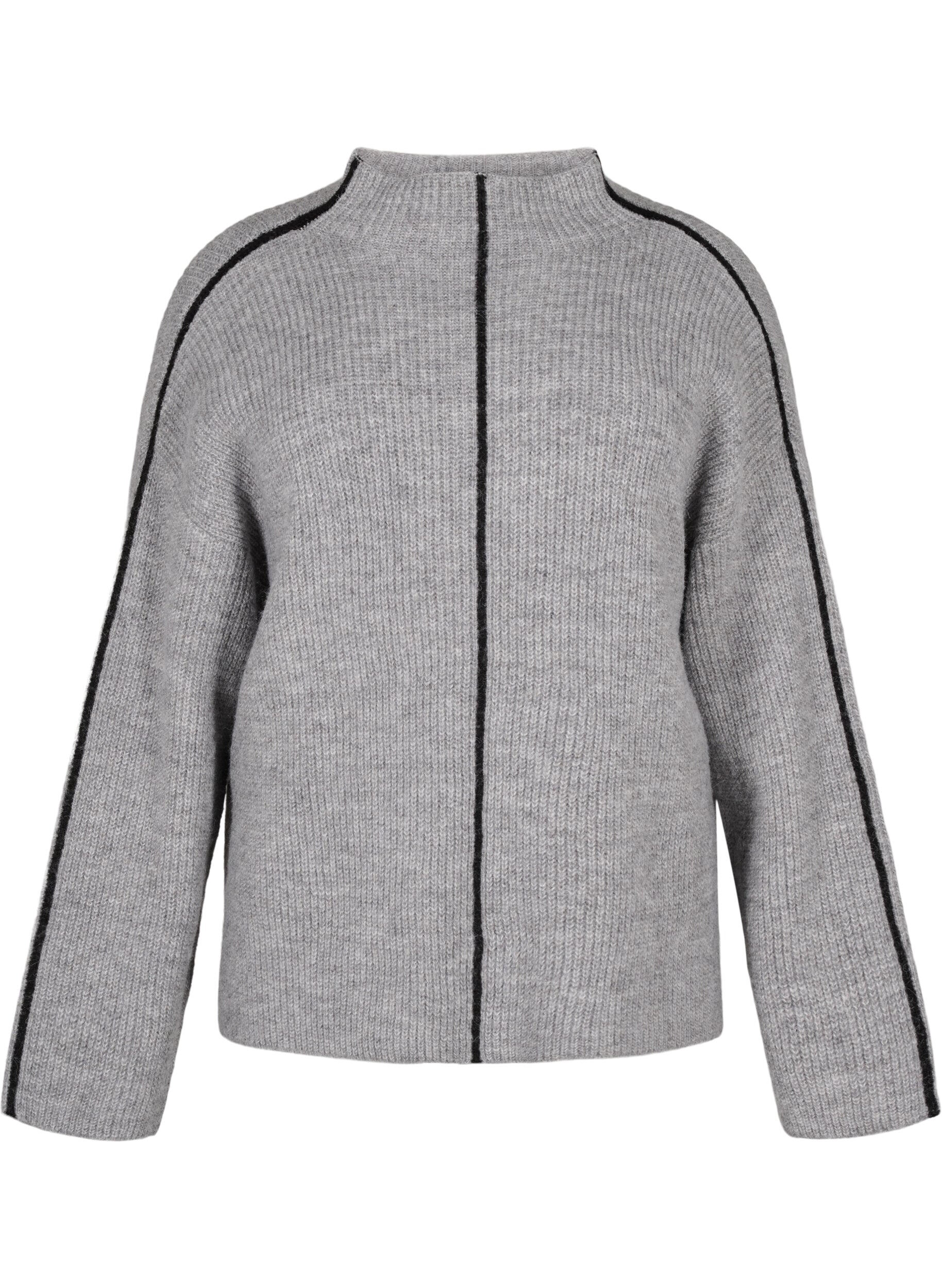Zizzi Gestrickte Bluse aus Wolle mit Kontraststreifen, Medium Grey Melange, Packshot image number 0