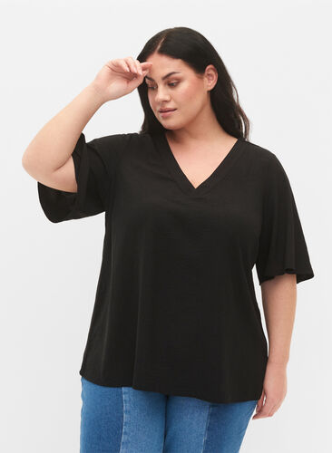 Kurzärmelige Bluse mit A-Form, Black, Model image number 0