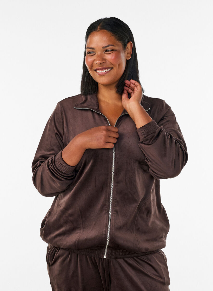 Weicher Cardigan aus Velours mit Rei&szlig;verschluss und hohem Kragen, Braun, Model image number 0