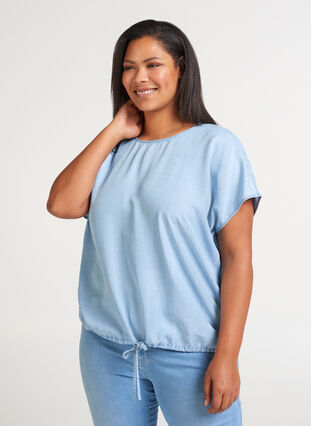 Bluse mit kurzen Ärmeln, Light blue denim, Model image number 0
