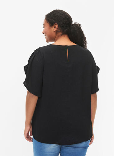 Kurzärmelige Bluse mit Falten, Black, Model image number 1