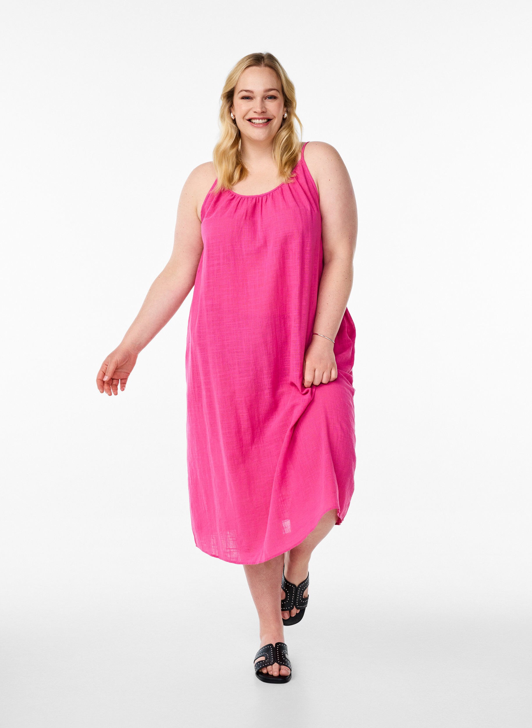 Zizzi FLASH - Baumwollkleid mit Midi-L&auml;nge und Tr&auml;gern, Pink, Model image number 0