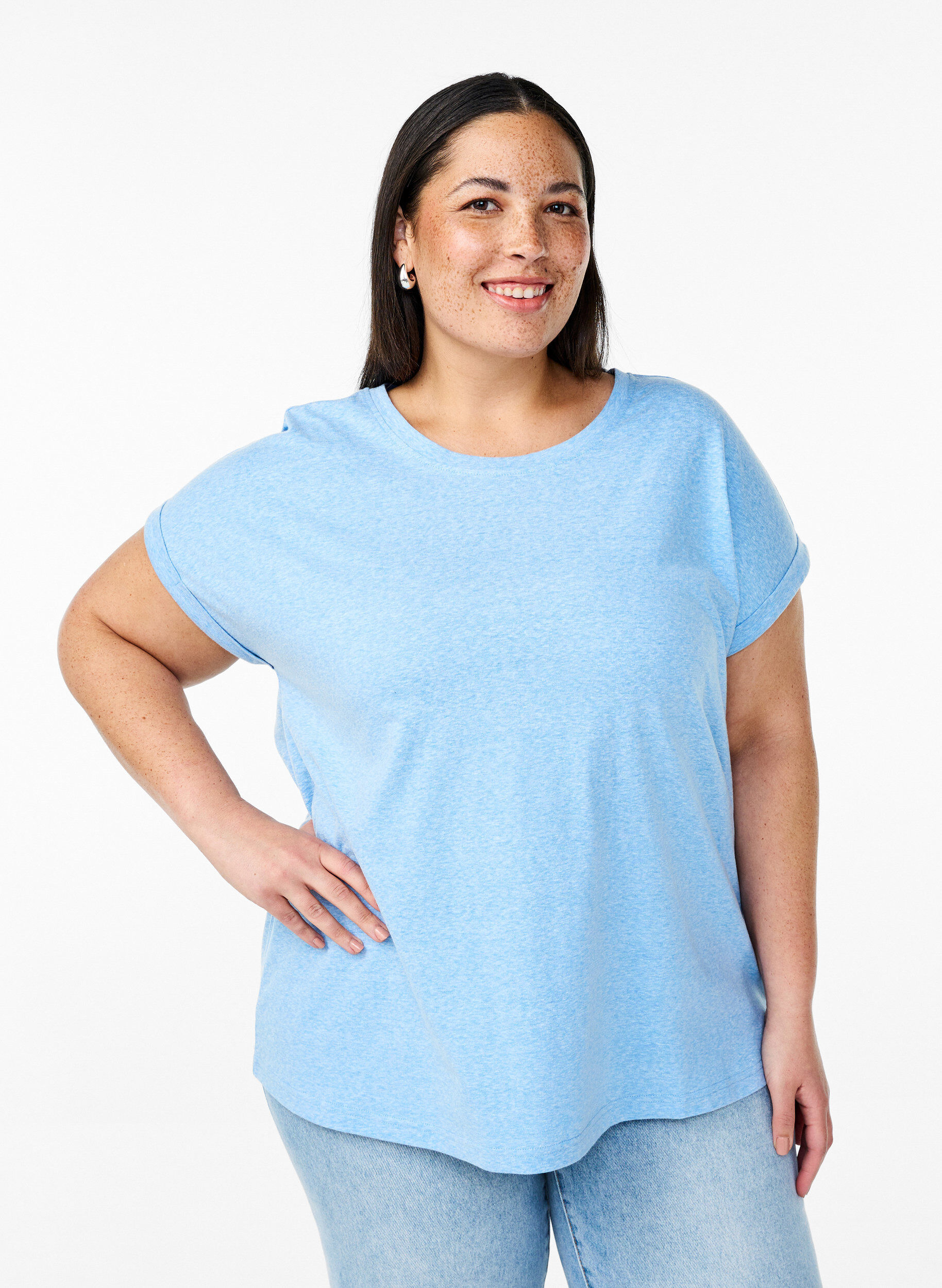 Melange T-Shirt mit kurzen &Auml;rmeln, Blau, Model
