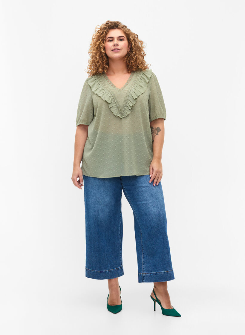 Bluse mit kurzen Ärmeln und gepunkteter Struktur, Seagrass , Model image number 2