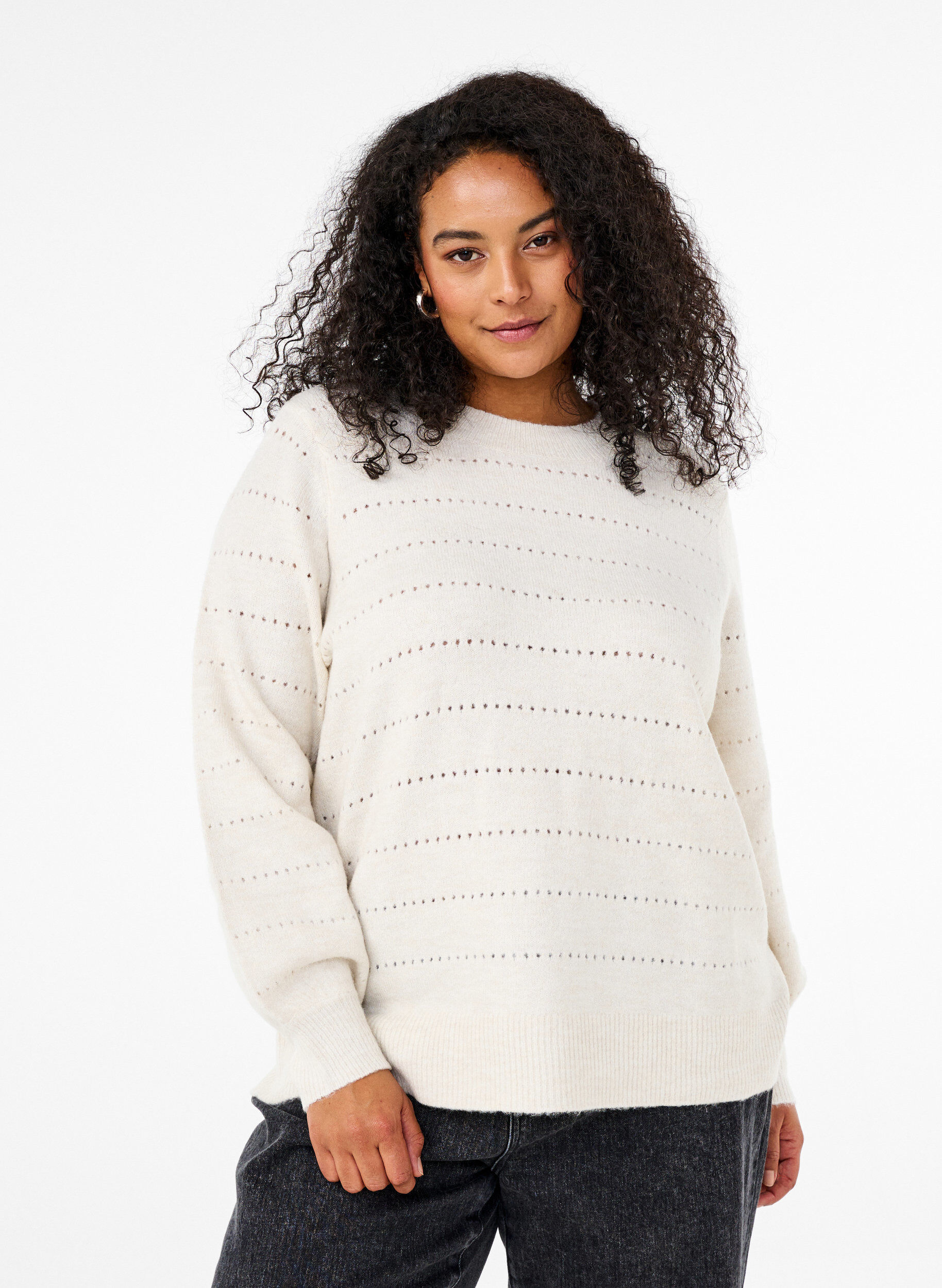 Zizzi Strickbluse mit Rundhals und Spitzenmuster, Birch Mel., Model image number 0