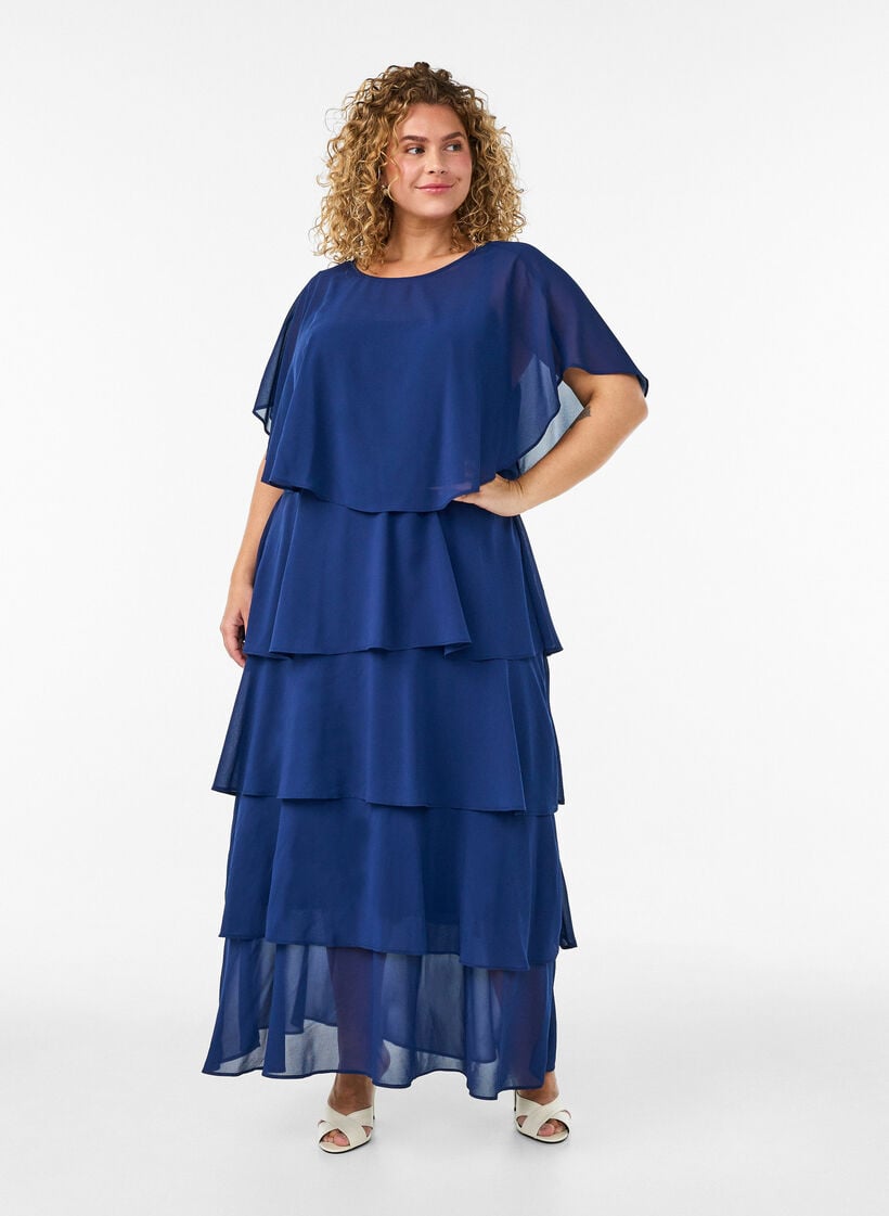 Maxikleid mit R&uuml;schen-Volants und abnehmbarem Cape, Blau, Model image number 2