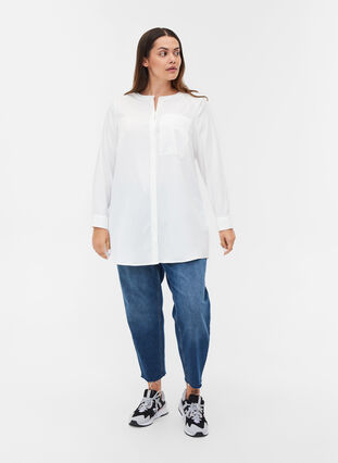 Schlichte lange Bluse mit Tasche, Warm Off-white, Model image number 2