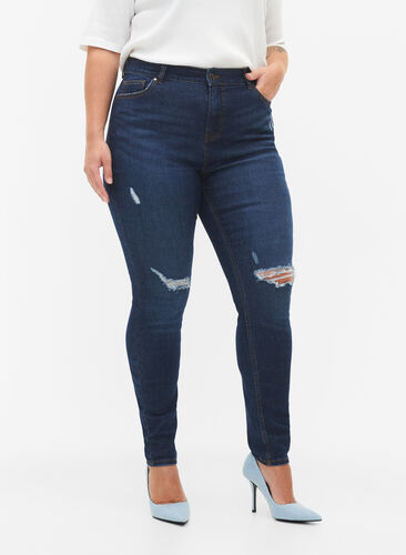 Super schlanke Amy Jeans mit Zerstörung und hoher Taille, Dark blue, Model image number 2