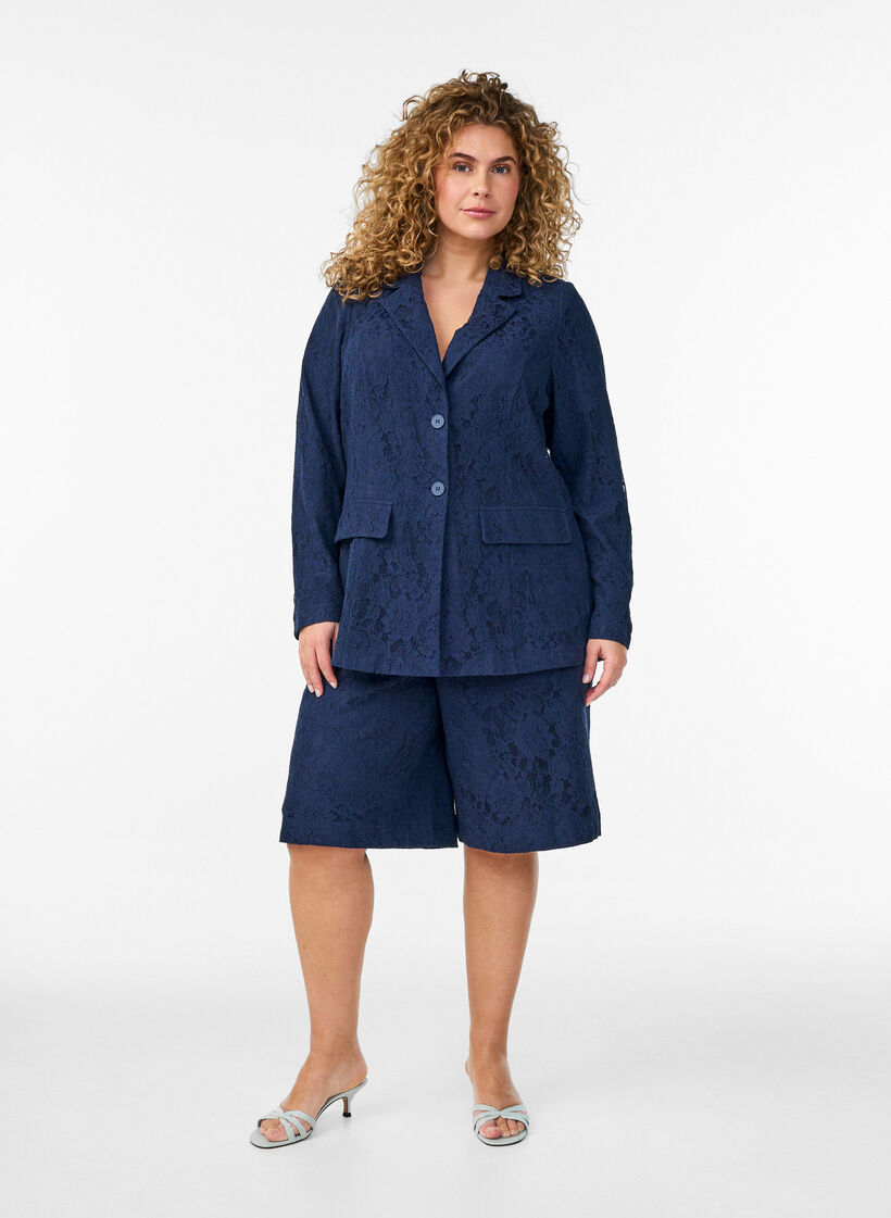 Spitzenblazer mit Knopfverschluss, Blau, Model image number 1