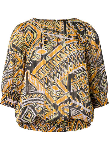 Bedruckte Bluse mit Smock und 3/4 Ärmeln, Yellow Aztec AOP, Packshot image number 0
