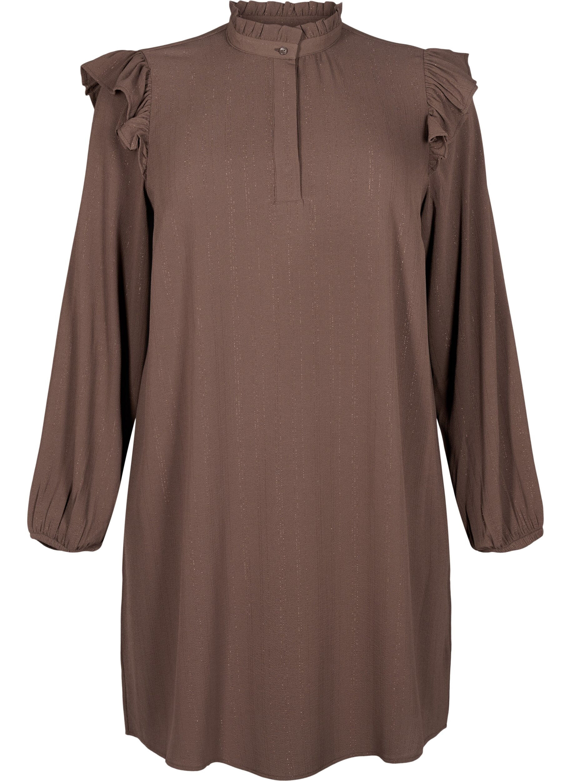 Zizzi Kurzes Kleid mit R&uuml;schen und Glitzer , Braun, Packshot image number 0