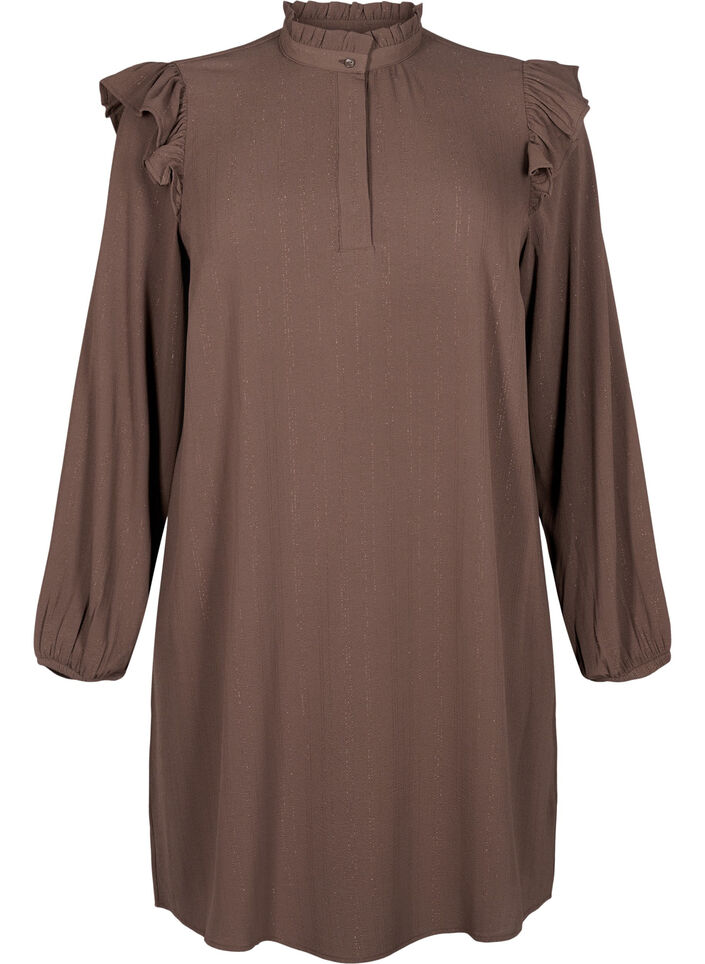 Kurzes Kleid mit Rüschen und Glitzer, Braun, Packshot image number 0
