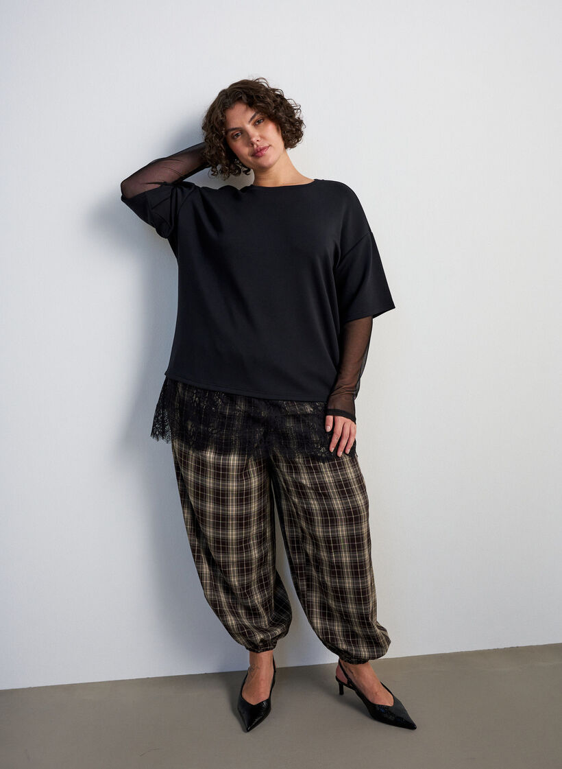 Bluse mit Mesh-&Auml;rmeln und Spitzenbesatz, Schwarz, Model image number 1