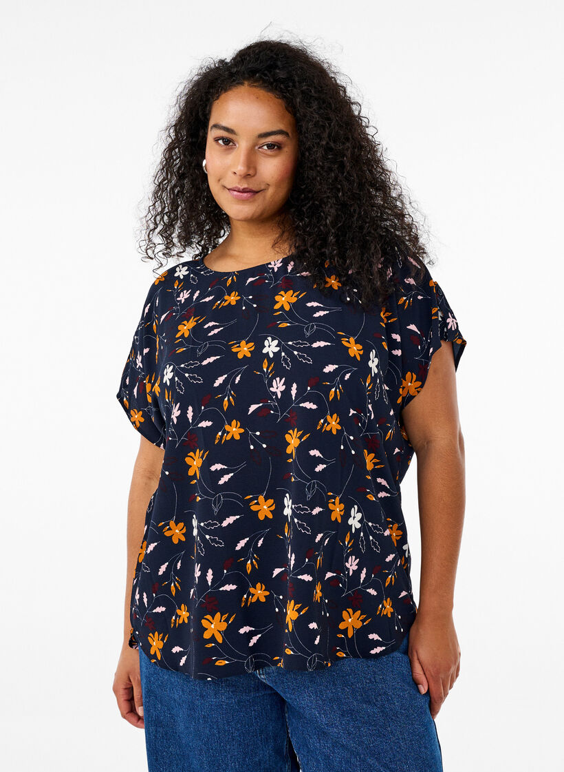 Bluse mit kurzen Ärmeln und geblümtem Print, Sky Captain Flower, Model image number 0