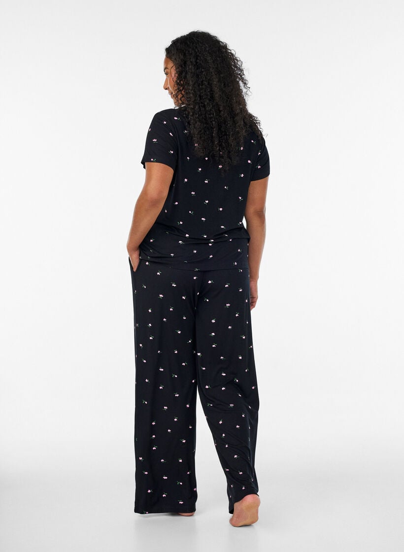 Pyjamahose mit Rippstruktur und gebl&uuml;mtem Print, Schwarz, Model image number 1
